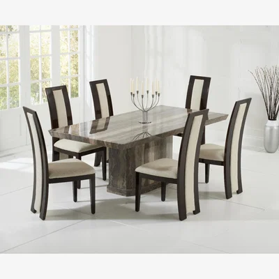 Oak&More Carvelle 160cm Brown Pedestal Marble Dining Table with 6 Black Novara Chairs