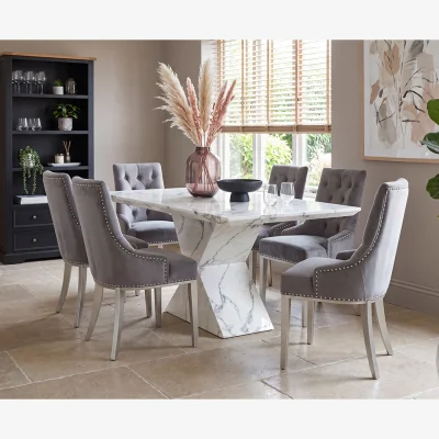 Oak&More Aaron 160cm Marble White Dining Table with 6 Grey Sienna Chairs