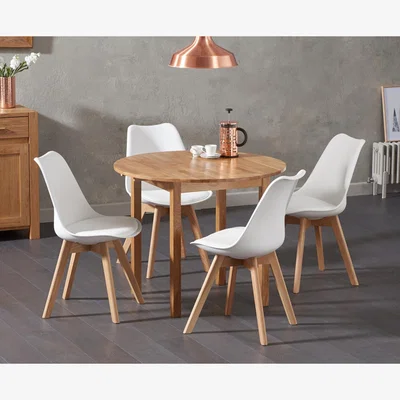 Oak&More Oxford 90cm Solid Oak Drop Leaf Extending Dining Table With 2 Dark Grey Duke Faux Leather Chairs