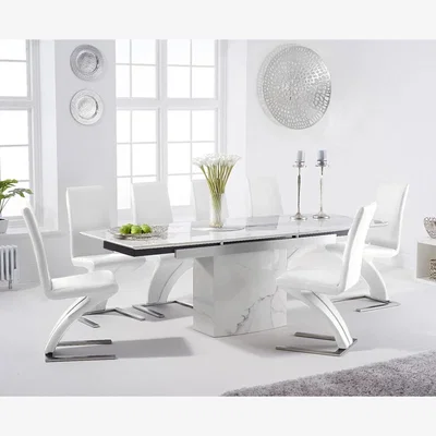 Oak&More Extending Savona 160cm White Marble Dining Table with 10 White Aldo Chairs