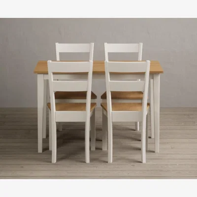 Oak&More Kendal 115cm Solid Oak and Cream Painted Dining Table with 4 Linen Kendal Chairs