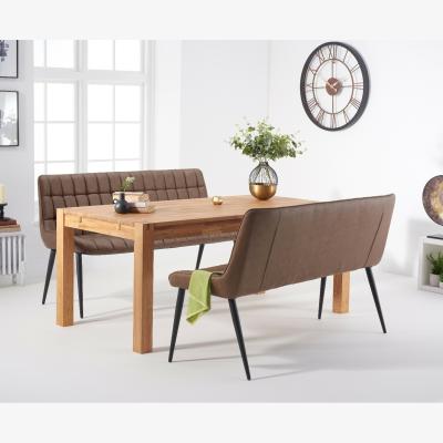 Oak&More Thetford 180cm Oak Dining Table with 2 Brown Benches with Thetford 45cm Oak Extensions