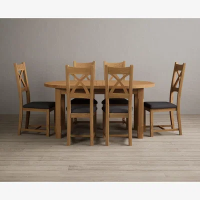 Oak&More Extending Caversham Oak Oval Dining Table with 6 Blue Natural Solid Oak Chairs