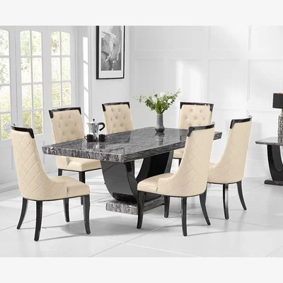 Oak&More Novara 200cm Dark Grey Pedestal Marble Dining Table with 12 Grey Francesca Chairs