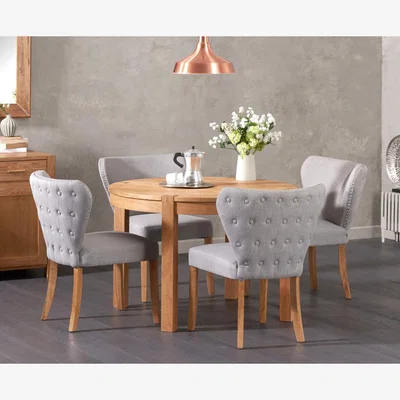 Oak&More Thetford 110cm Solid Oak Round Table With 4 Grey Isla Fabric Chairs