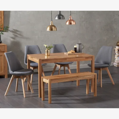 Oak&More York 150cm Solid Oak Dining Table with 4 Dark Grey Orson Chairs with 1 Oak Bench