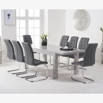 Oak&More Atlanta Light Grey Gloss 160-220cm Extending Dining Table With 10 White Lorin Chairs