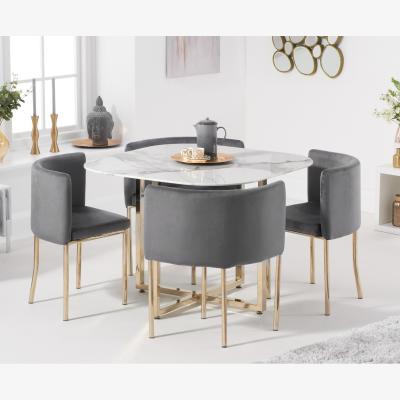 Oak&More Algarve White Marble Gold Leg Stowaway Dining Table with Grey Velvet Gold Leg High Back Stools - Grey, 4 Chairs