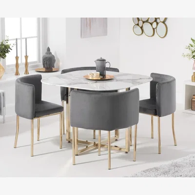 Oak&More Algarve White Marble Gold Leg Stowaway Dining Table with Grey Velvet Gold Leg High Back Stools - Grey, 4 Chairs