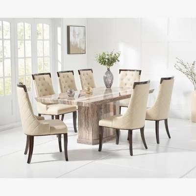 Oak&More Carvelle 200cm Brown Pedestal Marble Dining Table with 6 Cream Francesca Chairs