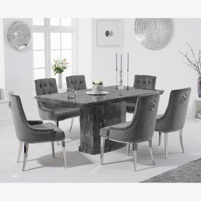Oak&More Carvelle 160cm Grey Marble Table With 6 Grey Sienna Velvet Chairs