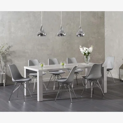 Oak&More Atlanta 200cm Light Grey High Gloss Dining Table With 10 Light Grey Celine Faux Leather Chrome Leg Chairs