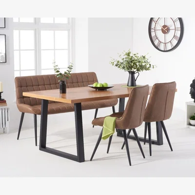 Oak&More Urban 180cm Ash and Veneer Industrial Dining Table with 2 Brown Larson Chairs with 1 Brown Bench