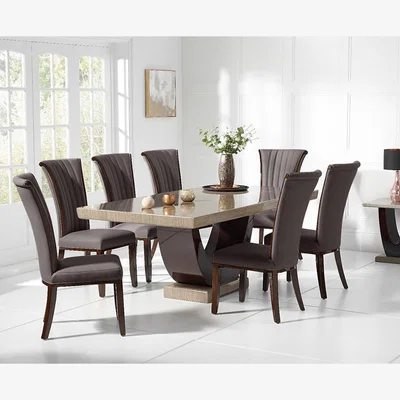 Oak&More Novara 200cm Brown Pedestal Marble Dining Table with 10 Cream Lorient Chairs