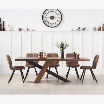 Oak&More Michigan 180cm Rustic Oak and Metal Black Leg Industrial Dining Table with 6 Grey Hendrick Chairs