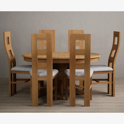 Oak&More Extending Hertford 100cm - 130cm Solid Oak Pedestal Dining Table  With 6 Light Grey Flow Back Chairs