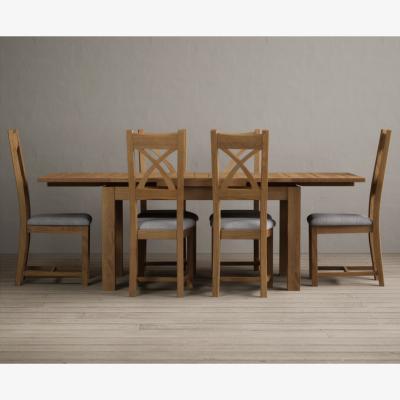 Oak&More Extending Buxton 140cm Solid Oak Dining Table with 6 Linen Natural Solid Oak Chairs