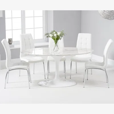 Oak&More Brighton 160cm Oval White Marble Dining Table With 8 Ivory White Calgary Dining Chairs