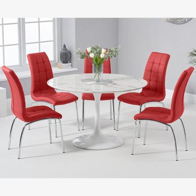 Oak&More Brighton 120cm Round Marble White Dining Table with 2 Cream Enzo Chairs