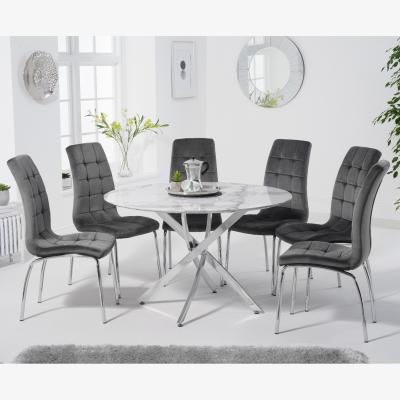 Oak&More Carter 120cm Round White Marble Table With 6 Blue Calgary Velvet Chairs