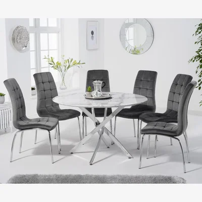 Oak&More Carter 120cm Round White Marble Table With 6 Blue Calgary Velvet Chairs