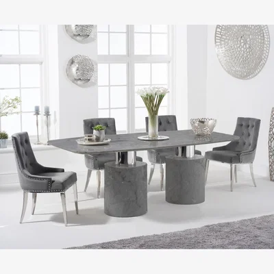 Oak&More Antonio 180cm Grey Marble Table With 4 Grey Sienna Velvet Chairs