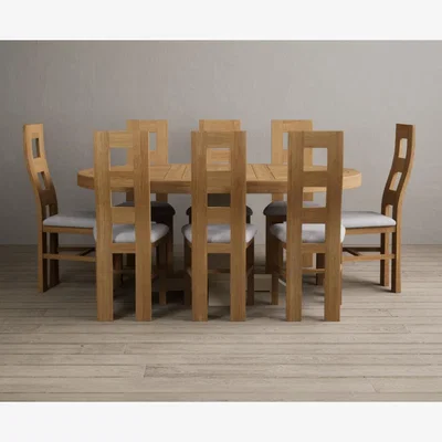 Oak&More Extending Helmsley Oak and Cream Painted Pedestal Dining Table with 4 Linen Natural Chairs