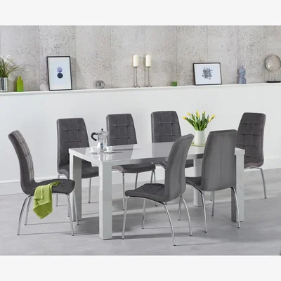 Oak&More Atlanta 160cm Light Grey High Gloss Dining Table With 8 Blue Calgary Velvet Chairs