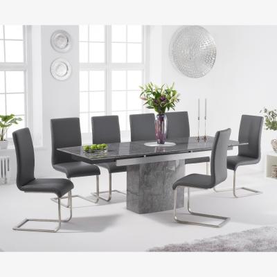Oak&More Metropolis 160cm Extending Grey Marble Dining Table With 6 White Malaga Faux Leather Chairs