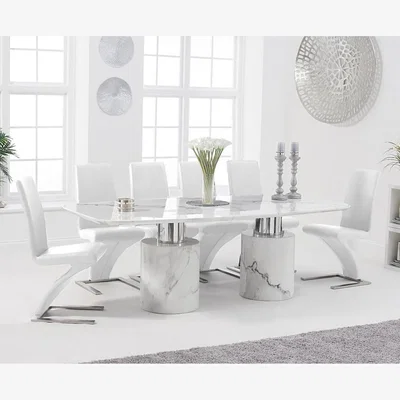 Oak&More Antonio 220cm White Marble Dining Table With 6 White Aldo Z Chairs