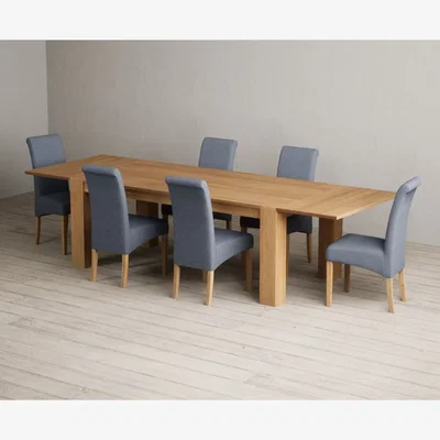 Oak&More Sheringham 200cm Solid Oak Dining Table with Sheringham Oak Extensions (Pair) with 8 Charcoal Grey Scroll Back Chairs