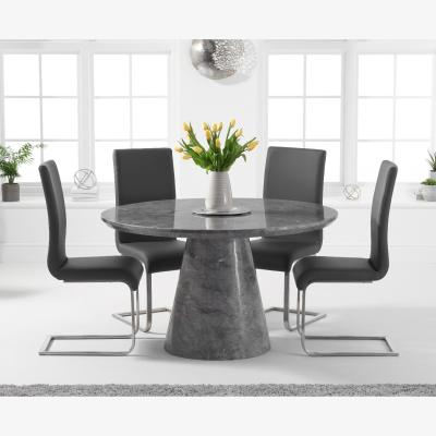 Oak&More Ravello 130cm Round Grey Marble Dining Table With 6 Black Malaga Chairs