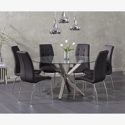 Oak&More Rodin Round Glass Dining Table with 4 Cream Enzo Chairs
