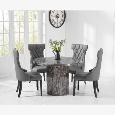 Oak&More Crema Grey Round Marble Dining Table With 2 Grey Freya Chairs