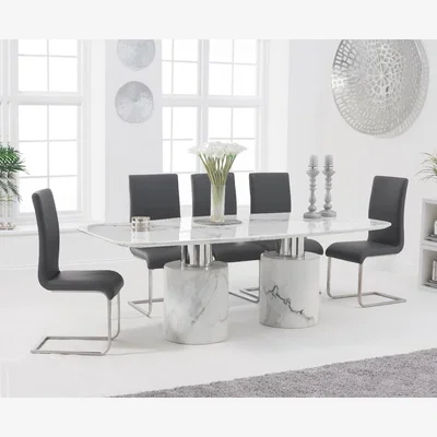Oak&More Antonio 180cm White Marble Table With 6 Black Malaga Chairs