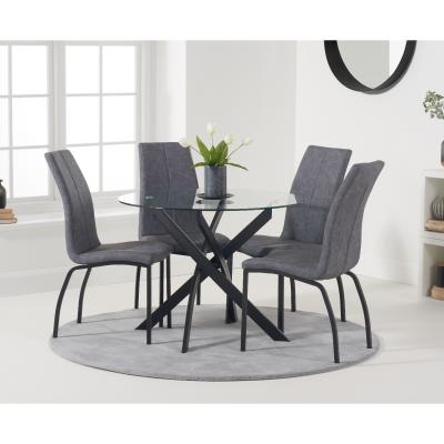 Oak&More Mara 100cm Round Glass Dining Table with Antique Noir Chairs - Grey, 4 Chairs