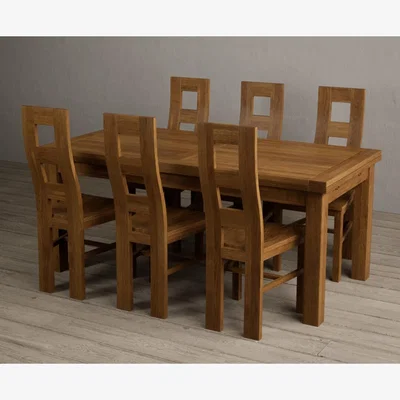 Oak&More Hampshire 180cm Rustic Solid Oak Extending Dining Table With 10 Rustic Rustic Solid Oak Flow Back Chairs with Rustic Seats