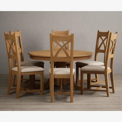 Oak&More Hertford 120cm Fixed Top Solid Oak Round Pedestal Table  With 4 Linen X Back Chairs