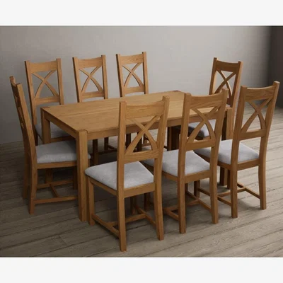 Oak&More York 150cm Solid Oak Dining Table  With 8 Brown X Back Chairs
