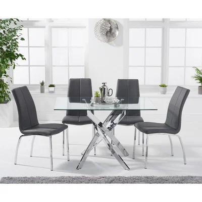 Oak&More Denver 120cm Rectangular Glass Dining Table with Cavello Chairs - Grey, 4 Chairs