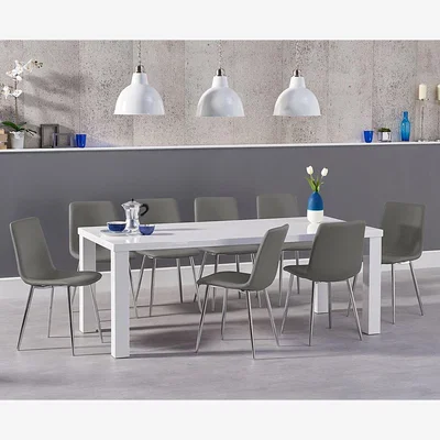 Oak&More Atlanta 200cm White High Gloss Dining Table With 6 Grey Astrid Faux Leather Chairs