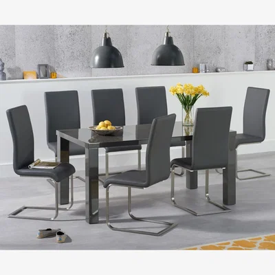 Oak&More Atlanta 160cm Dark Grey High Gloss Dining Table With 8 White Malaga Chairs