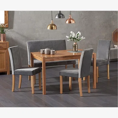 Oak&More Ex-Display Oxford 120cm Solid Oak Dining Table with 1 Mia Grey Plush Bench and 2 Mia Grey Chairs