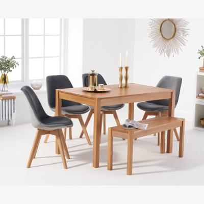 Oak&More York 120cm Solid Oak Dining Table With 2 Grey Orson Velvet Chairs And 1 York Bench