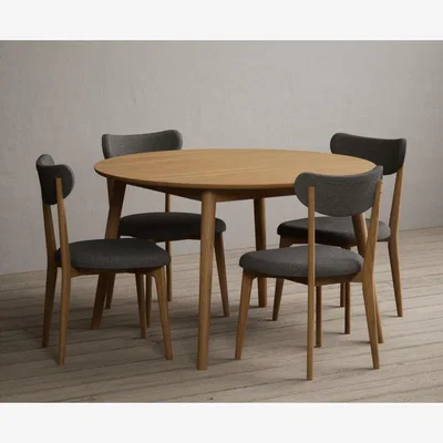 Oak&More Nordic 120cm Round Solid Oak Dining Table with 4 Grey Nordic Chairs