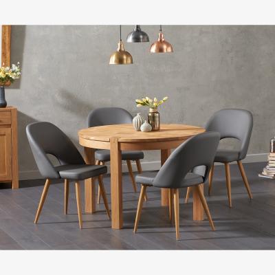 Oak&More Thetford 110cm Oak Round Dining Table With 4 Grey Hudson Faux Leather Chairs