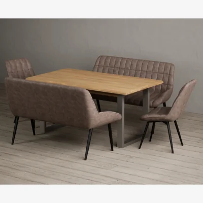 Oak&More Parker 160cm Solid Oak Dining Table with 2 Brown Larson Chairs with 2 Brown Benches