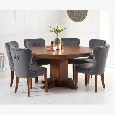 Oak&More Helmsley 150cm Dark Solid Oak Round Pedestal Dining Table with 4 Grey Keswick Velvet Chairs