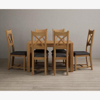Oak&More Thetford 120cm Oak Dining Table with 6 Linen Natural Solid Oak Chairs