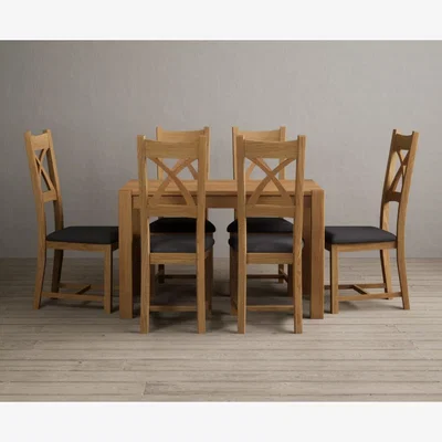 Oak&More Thetford 120cm Oak Dining Table with 6 Linen Natural Solid Oak Chairs